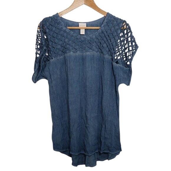 Chico's Tops - Chico's Women's Size 1 Blouse Top Blue Crochet Short Sleeve